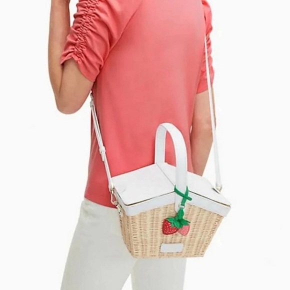 Kate Spade Strawberry Basket Lined Gingham Picnic Wicker Basket Satchel - Picture 8 of 8